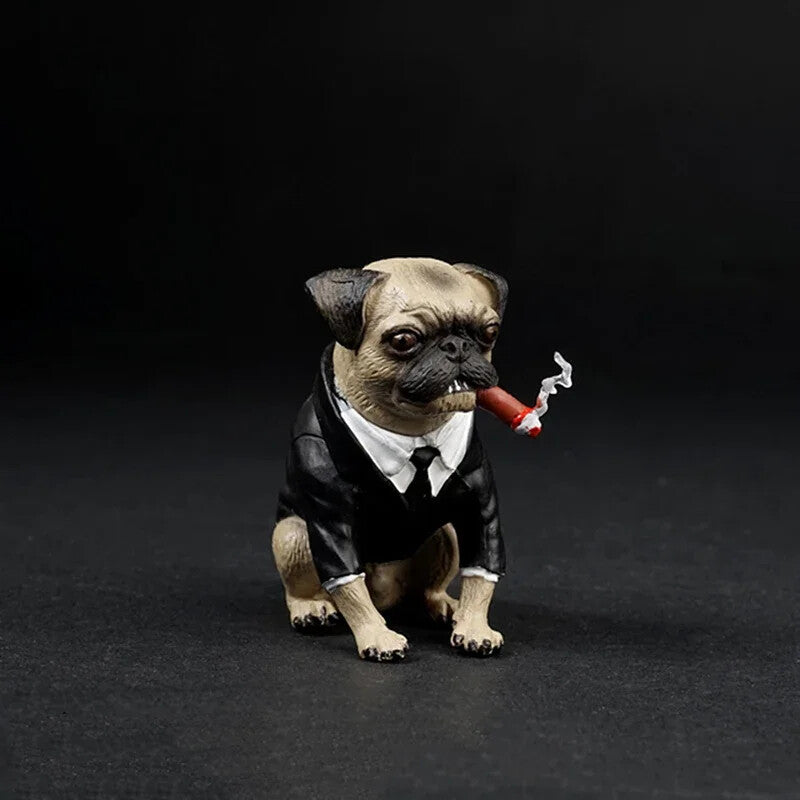 Mini 1:6 Scale Pug Dog & Cigar Set in Black Leather Model Scene Props