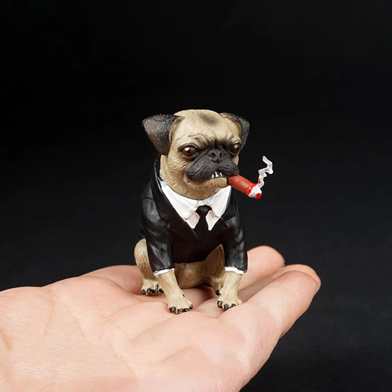 Mini 1:6 Scale Pug Dog & Cigar Set in Black Leather Model Scene Props