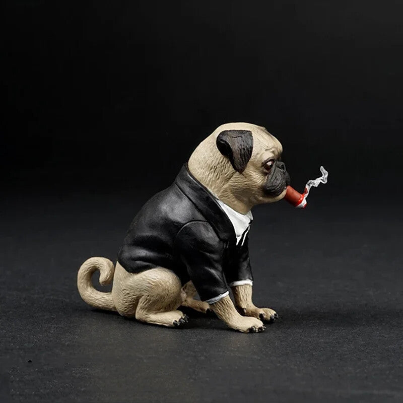 Mini 1:6 Scale Pug Dog & Cigar Set in Black Leather Model Scene Props